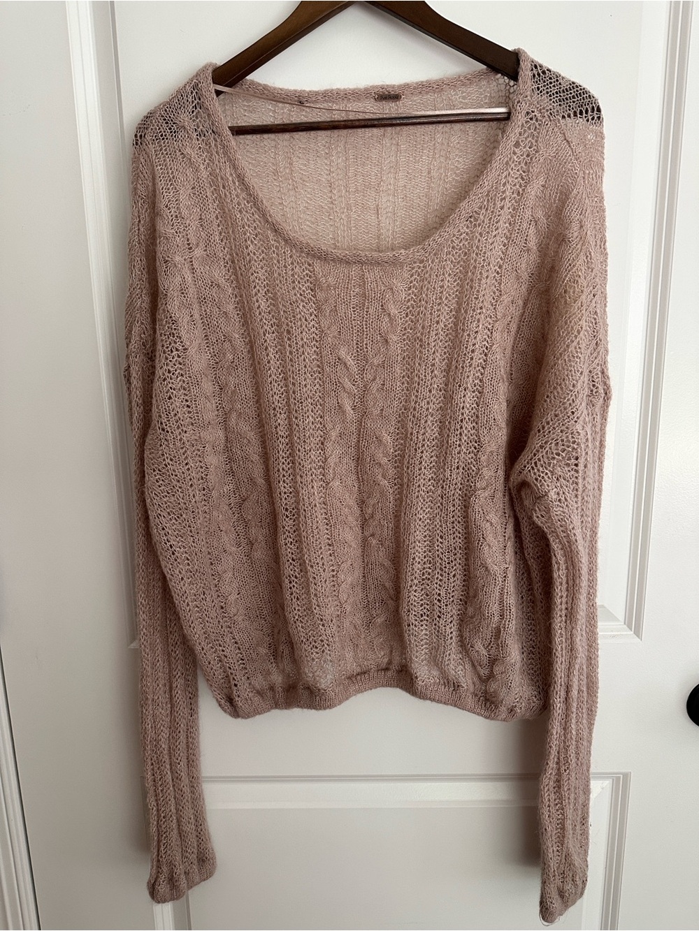 Free People Scoop Neck Open-Knit Cable Sweater in Blush